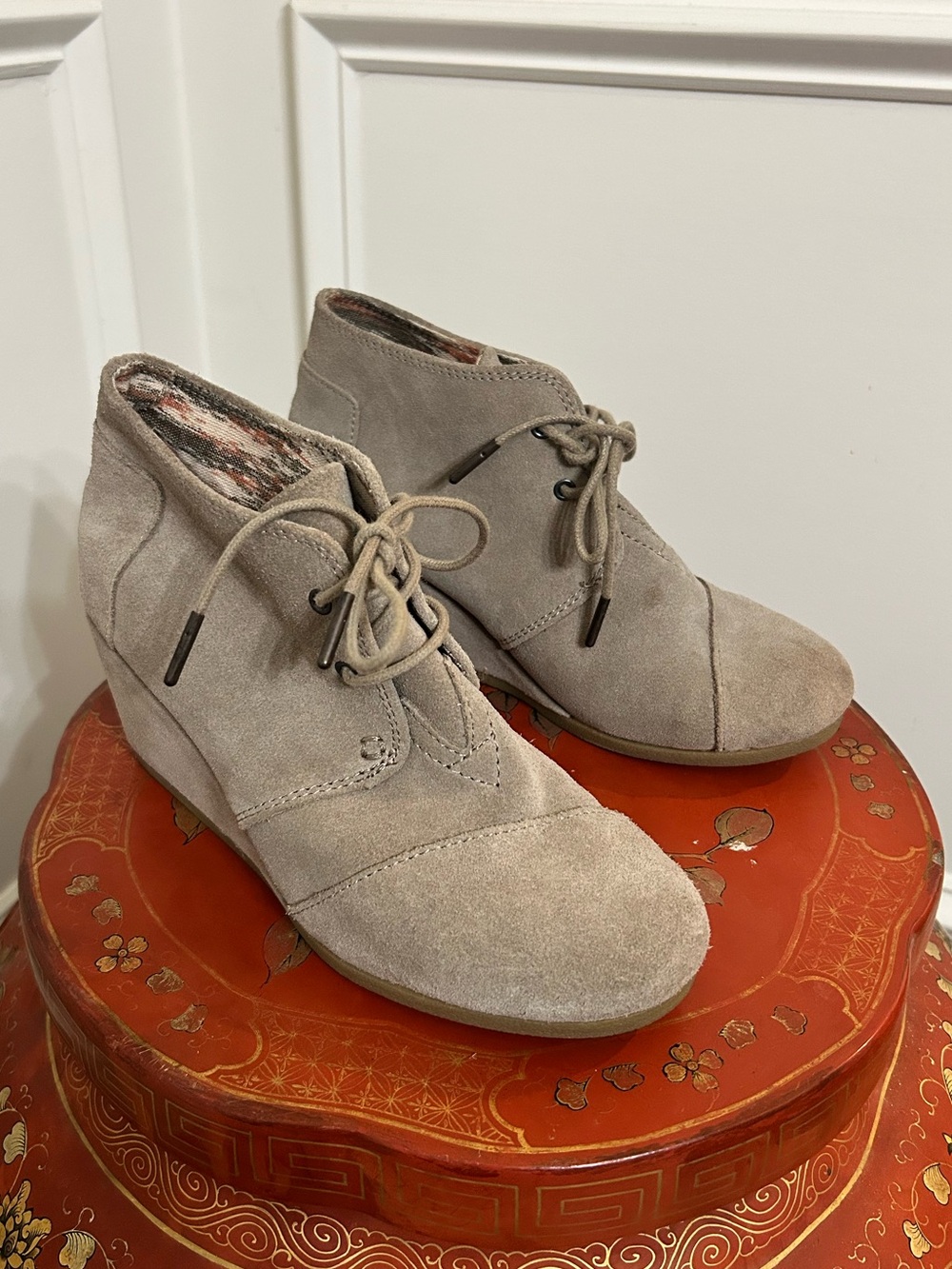 Toms Taupe Suede Lace-Up Desert Wedge Booties